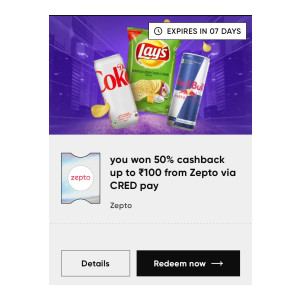 Cred Zepto Loot Offer : Get 50% cashback upto 100 on Grocery Order using Cred Spin & Win